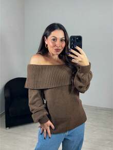 Knit Blouse With Off-The-Shoulder Yoke And Long Sleeves - Óxido marrón - Ver 3