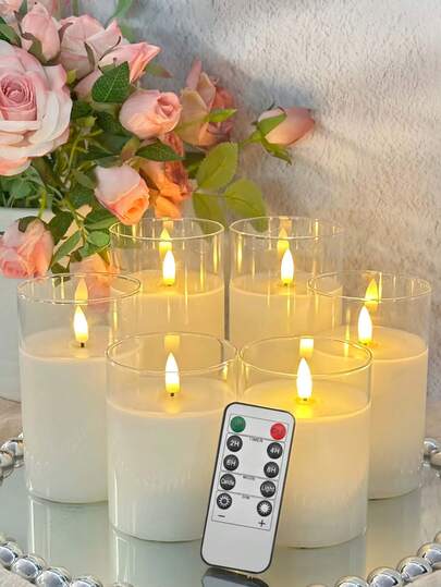 LED电子蜡烛，适用于婚礼装饰、派对装饰或室内家居装饰，带定时遥控器，升级版闪烁灯泡，1/3/6件套（透明）