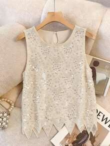 时尚优雅修身亮片仿珍珠装饰背心，适合日常穿着和节日场合，高品质设计，夏季休闲之选。 - 杏色 - 查看 2