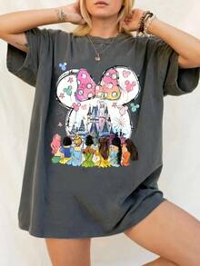UNIHLO  Disney Standard Princess  Printed Summer Heavyweight Retro Washed Street Fashion Casual T-Shirt - Black - View 2