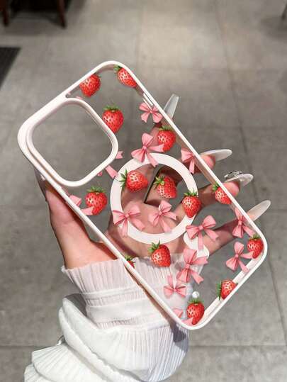 Étui de téléphone magnétique antichoc avec motif nœud papillon et fraise, compatible avec la charge sans fil, convient aux séries S24/S25/S23 S et A55/A15/A15 A, 17, 16 Pro Max, 14\13, 12, 11 Pro Max, 15 Pro Max, 17 Pro Max. Peut être utilisé comme cadeau d'anniversaire, pour la petite amie, le petit ami ou pour soi-même