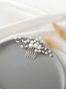 1pc Handmade Pearl & Crystal Hair Comb, Bridal Hair Accessory - Silver - View 9