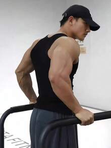 Tank Top Pria Musim Panas Elastis Slim Fit Cepat Kering Bergaris untuk Kebugaran, Bola Basket, dan Latihan - Hitam - View 2