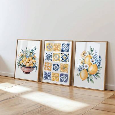 “3件套柠檬墙饰，农舍厨房装饰，柠檬水果印花，野花墙画，复古水果市场画，地中海美食，食物艺术”