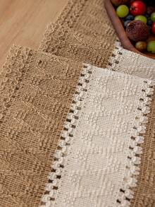 1pc Bohemian Knitted Patchwork Rectangular Table Runner, Coffee & Beige Color, Dining Table Cloth, Beige Tassel Decor, Suitable For Sideboard, Coffee Table, Cabinet Dust Cover, Home Decor, Suitable For Countryside Gathering, Dinner, Wedding, Festival And Party Decoration, Outdoor Picnic, Camping Decor, All Season, Spring/Summer - Multicolor - View 2