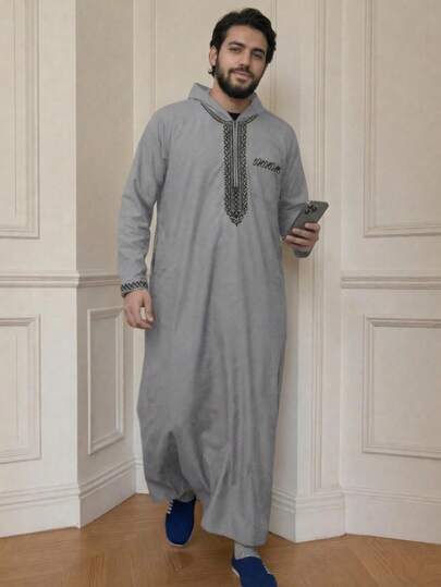 Men's Pattern Embroidered Zip-Up Hooded Robe, Casual Long Sleeve Muslim Formal Wear, Suitable For Multiple Seasons Islamic Clothing