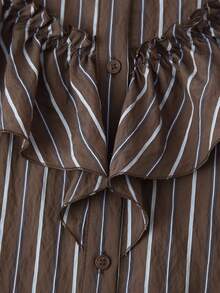 Women's Long Sleeve Striped Layered Decorative Blouse, Spring/Summer - Coffee Brown - View 6