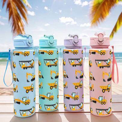 1个27盎司可爱卡通挖掘机和卡车图案运动水壶，防漏翻盖带吸管，方便通勤、健身、跑步、户外活动，是送给她的绝佳生日礼物