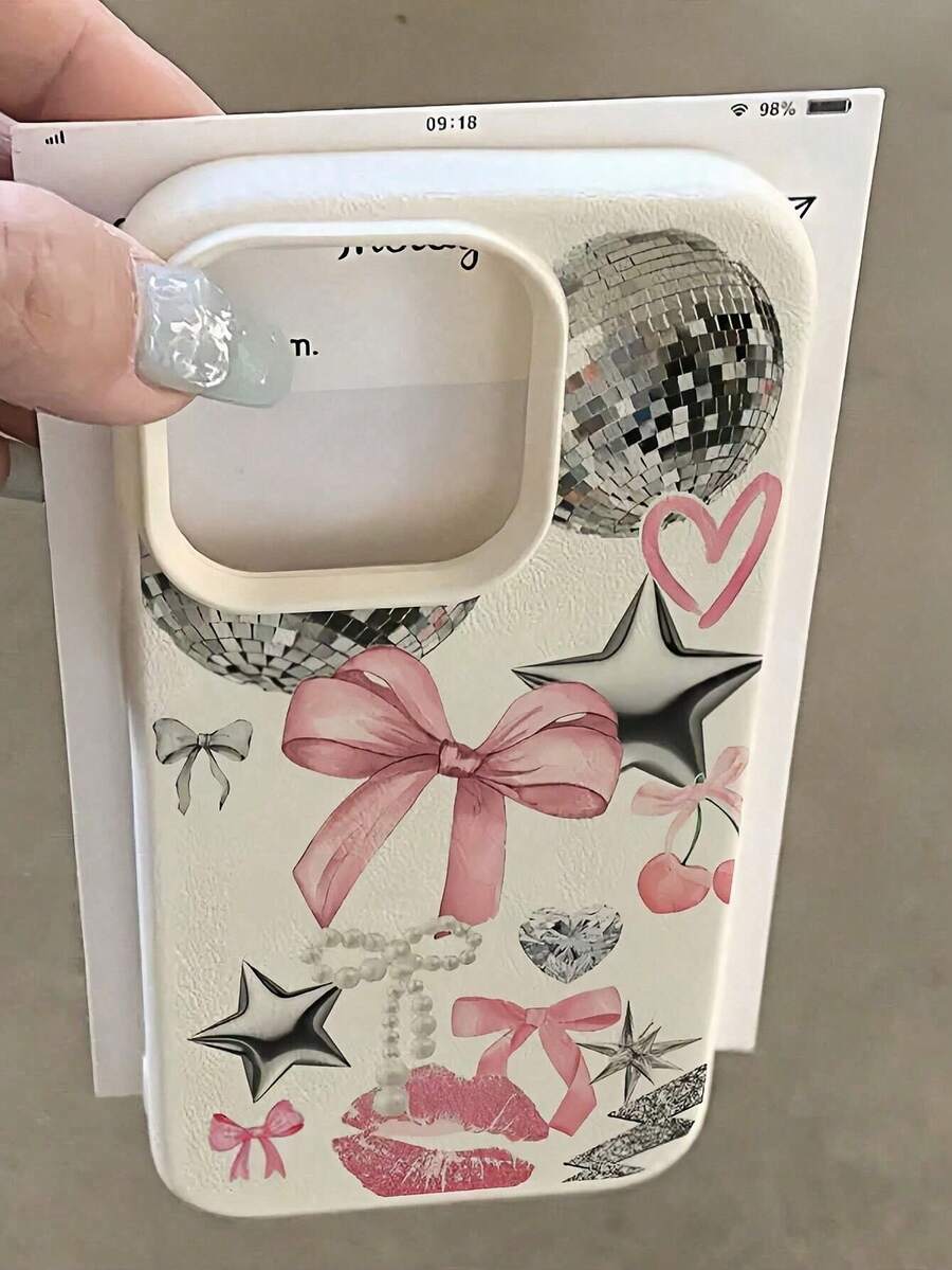 1pc Bow Tie Lamp Lip Print Personality Pattern White Matte Litchi Texture Full Coverage TPU Shockproof Fashionable Phone Case Suitable Compatible With Apple 17, 16, 15, 14, 13, 12, 11 Pro Max And A55/54/53/52/51, S25/24/23/22/21 Series - Multicolor - View 1