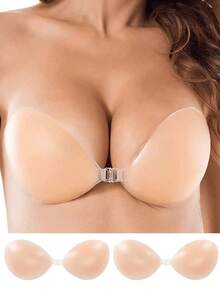 1件/2件装隐形聚拢粘性文胸，无肩带无背带硅胶隐形文胸，可重复使用防水无痕乳贴，适用于连衣裙和派对服装，母亲节礼物 - 杏色 - 查看 13