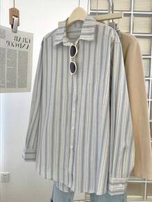 女士秋冬新款条纹衬衫，常规版型，百搭颜色，纽扣前襟，宽松衬衫领，舒适休闲，通勤穿着，适合日常休闲穿着，秋冬百搭打底衫 - 彩色 - 查看 2