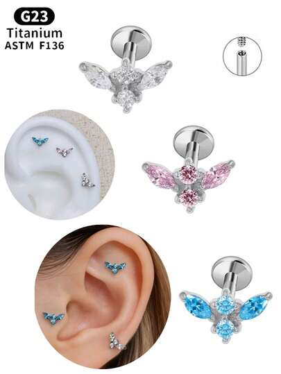 1件 ASTM F136 钛金属内螺纹平底耳钉，5A 马眼形圆形立方氧化锆耳钉，天使之翼 G23 钛金属耳骨耳廓耳轮鼻唇穿孔饰品，适合敏感耳，男女皆宜