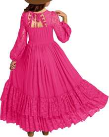 2026 Girls Elegant Lace Flower Boho Dress Long Sleeve Backless Square Neck Ruffle Party Maxi Dress - 12 Rose Red - 查看 1