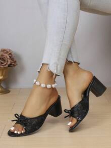Women's Thick High Heel Round Toe Sandals, Spring/Summer New Narrow Heel Petite Sexy Open Toe Sandals With Bow Decor,Chunky Heels - Black - View 3