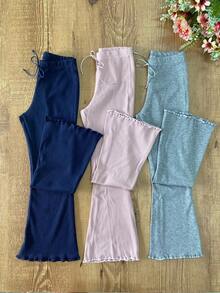 Kit 3 Calças Infantil Wide Leg Ribana Canelada Confortável – Cinza, Rosé e Marinho - Cinza, rose e marinho - Visão 4