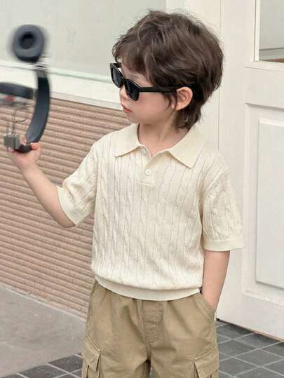 男童纯色 Polo 领短袖轻薄麻花针织套头毛衣，适合春、夏、初秋休闲日常穿着