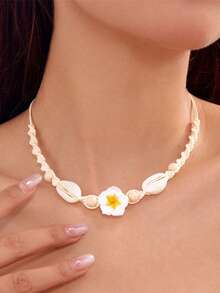 1pc Bohemian Style Necklace, Beach Necklace, Handmade Woven Ceramic Flower & Shell Necklace - Yellow - View 3
