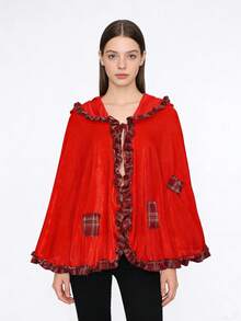 Adult Red Flocked Hooded Cloak, With Plaid Trim And Ruffle Details, Long Sleeveless Party Costume Spring - Red - View 4