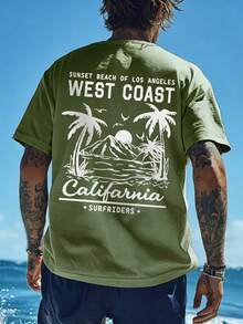 Men's Personalized Vacation Style Sunset Beach Print Short Sleeve T-Shirt, Suitable For Summer, Comfortable & Breathable, Leading Fashion - Green - View 2