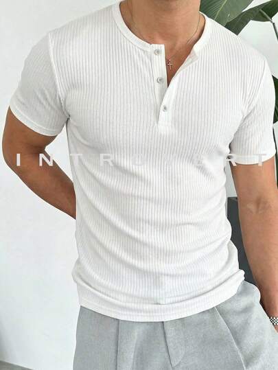 Men's Half-Open Front Button-Down Round Neck T-Shirt Knit Personalized Summer Solid Color Versatile Short Sleeve Top