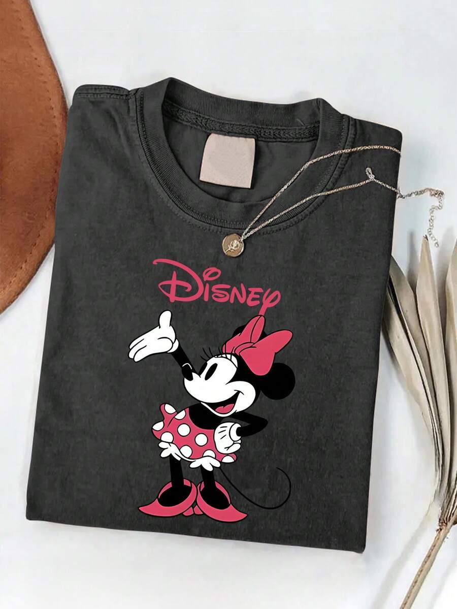 Disney Authorized | Vintage Minnie Mouse T-Shirt For Men And Women -100 Cotton Washed Casual Summer T-Shirt-Vibrant Digital Printing-Machine Washable-Perfect Gift For Fans. - 黑色 - 查看 1