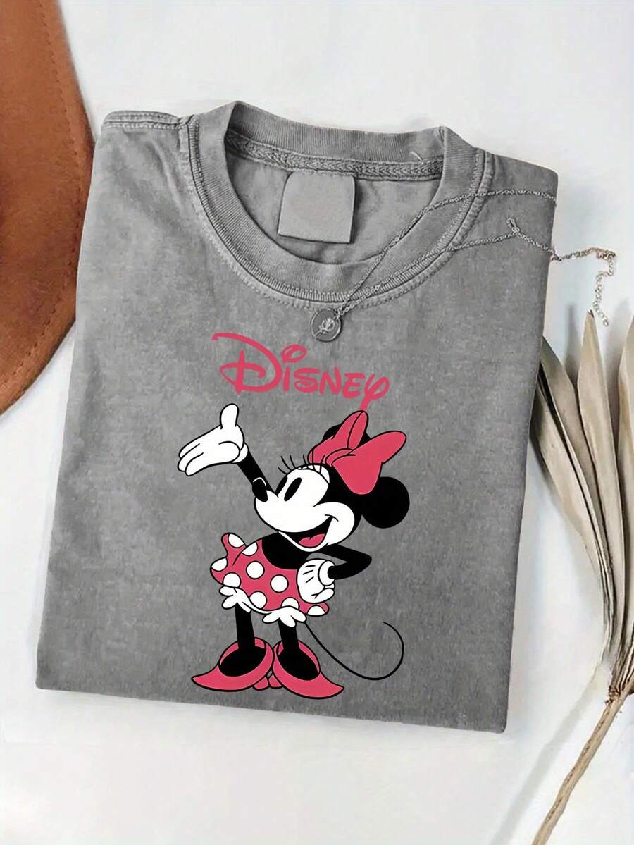 Disney Authorized | Vintage Minnie Mouse T-Shirt For Men And Women -100 Cotton Washed Casual Summer T-Shirt-Vibrant Digital Printing-Machine Washable-Perfect Gift For Fans. - 灰色 - 查看 1
