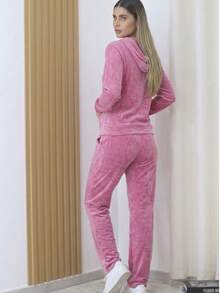 Women's Traditional Plush Set With Hooded Blouse - 淺粉色 - 查看 3