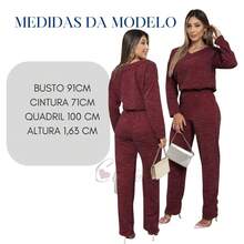 Women's Winter Set In Ribbed Wool Knit – Long-Sleeved Blouse And Pants With Functional Pockets And Elastic Back | Comfortable Casual Elegant Autumn/Winter Look - 酒紅色 - 查看 3