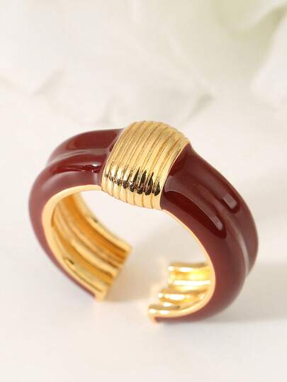 1pc Adjustable Chunky Enamel Open Ring, Burgundy Red With Gold Ribbed Detail, 18K Gold Plated Statement Jewelry For Women