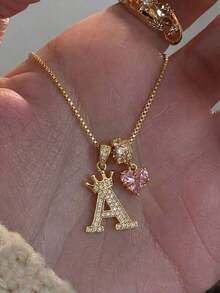 1pc Minimalist Luxury Cubic Zirconia Pink Heart Gemstone Personalized Crown Letter Pendant Necklace, Stainless Steel Material, Suitable For Women's Daily Wear, Valentine's Day/Birthday Gift - 黃金2 - 查看 13
