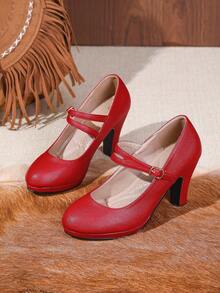 Women's Chunky Heel Mary Jane Round Toe Platform Pumps, Red Bridal Office Daily Dress Shoes - Red - View 5