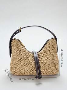 Bolso de cubo tejido. Asa ajustable. Correa para el hombro desmontable. Decoración de doble capa de cuentas en la parte delantera. Bolsillo con cremallera interior. Cierre con cremallera de metal. Adecuado para la playa, viajes, uso diario, casual, compras, transporte y como regalo - Beis - Ver 2