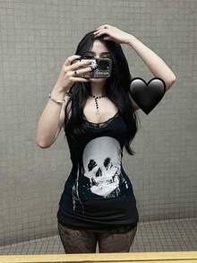 Gothic-Style Sexy Skull Print Lace Trim Slim-Fit Mini Camisole Dress, Backless Sleeveless Short Dress, Women's Summer Fashion Halloween Outfit - 黑色 - 查看 6
