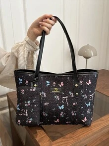 2026 New Arrival European And American Style Polka Dot & Bow Print Large Capacity Casual Shoulder Tote Bag For Women - Black - View 2