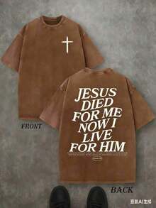 1pc Retro Washed T-Shirt Double Sided Printed (230 Pure Cotton T-Shirt) 'JESUS DIED FOR ME NOW I LIVE FOR HIM' Letter Print, Christian Gift, Men's T-Shirt, Men's Casual, Comfortable, Fashionable T-Shirt, Street Style Cotton - Unisex Plus Size Top Tops For Women Graphic Tees Men - 咖啡棕 - 查看 4