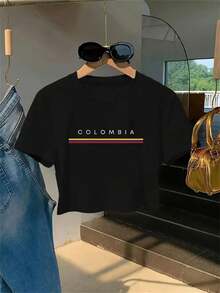 1pc Y2K Women'S Short-Sleeve T-Shirt Featuring A Black Colombian Flag And Striking Letter Print, With A Geometric Design. This Casual And Stylish Top Is Suitable For All Seasons, Making It An Ideal Gift For Birthdays And Holidays - 灰色 - 查看 1