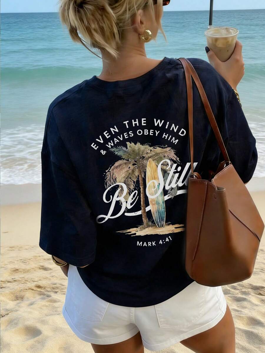 夏季新款简约时尚椰树冲浪海滩度假印花圆领短袖T恤,百搭休闲女装 - 藏藍 - 查看 1