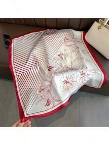 Elegant Lily Print Chiffon Square Scarf For Women, Lightweight 70cm Silky Neck Scarf & Headband, Soft Floral Decorative Wrap For Spring And Summer, Versatile Fashion Accessory For Daily Outfits, Travel Or Work, Perfect Gift For Her – Chic Retro Style Shawl - 紅色 - 查看 5