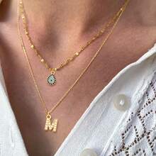 2件套简约时尚字母水滴眼坠金色不锈钢唇形项链叠层链女款 - 金黃色 - 查看 1