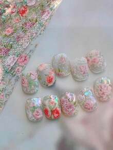 10 Rolls/Box Flower Nail Stickers, Nail Art Design Stickers, Lace Flower Nail Stickers, Holographic Foil Star Nail Transfer Foil Stickers, DIY Spring Nail Decor - Multicolor - View 2
