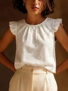 Women's Pleated Round Neck Short Sleeve Top, Layered Ruffle Cuff, Regular Length Casual Summer Blouse - Off White - View 2