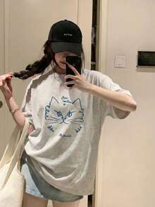 Women's Summer Loose Round Neck Minimalist Stylish Line Cat Print Short Sleeve T-Shirt Casual - Light Gray - View 2