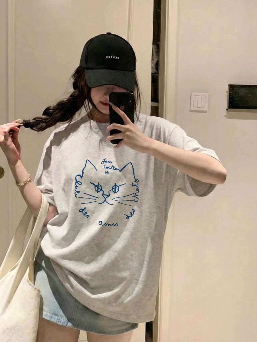 女款夏季寬鬆圓領簡約時尚線條貓咪印花短袖T恤休閒風 - 淺花灰 - 查看 1
