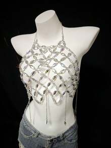 2026 New Sexy Lingerie Accessories, Handmade Spaghetti Strap Bralette, Fishnet Sequins Beaded Bodychains, Suitable For Party, Nightclub, Hotel, Carnival, Beach, Holiday - Silver - View 3