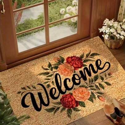 1pc Floral Pattern Welcome Doormat, Made Of Polyester Fiber, Rectangular, Non-Slip, Washable, Suitable For Kitchen, Dining Room, Hallway, Bathroom, Bedroom, Spring Decor And More