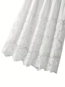 Luminous Wealth Women's Elegant White Non-Stretch Woven Fabric Long A-Line Skirt With Delicate Contrast Lace Detail Spring - 白色 - 查看 4
