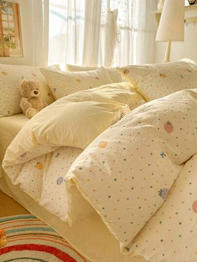 3pcs Floral, Butterfly Printed Crinkle Gauze Duvet Cover Set, 1 Duvet Cover & 2 Pillowcases, Soft & Breathable Fabric, Suitable For All Seasons, Fits Twin/Queen/King Size Beds, Machine Washable