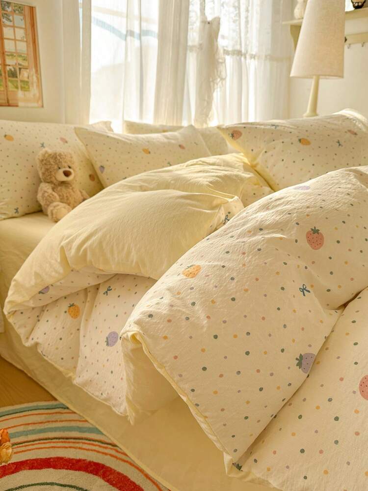 三件套花卉蝴蝶印花褶皱纱被套组，包含1个被套和2个枕套，面料柔软透气，四季皆宜，适用于单人床/双人床/特大号床，可机洗。 - 淡黃色 - 查看 1