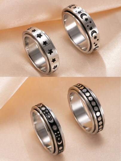 Set de 2/4 piezas de anillos giratorios de acero inoxidable con diseños de estrella, luna y sol, adecuados para mujeres en uso diario, festivales, citas, compromisos, bodas, salidas y fiestas