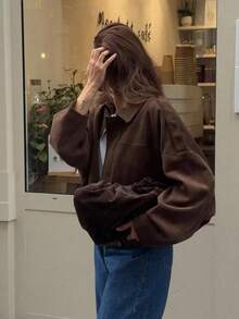 女士麂皮绒飞行员夹克，翻领长袖拉链宽松外套，休闲新款时尚大衣，春秋季 - 咖啡棕 - 查看 4